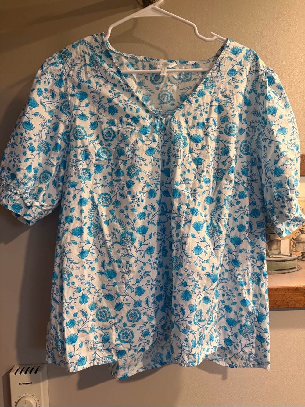 Draper James White Blouse with Blue Floral Print